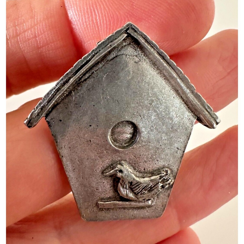 Bird House Pin Barker 1993 USA Pewter Vintage Brooch Signed